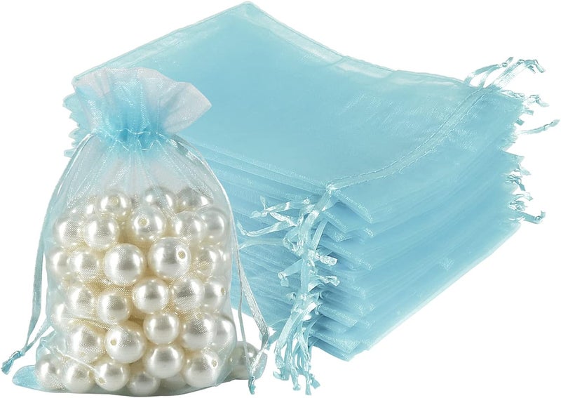 HRX Package 100pcs Organza Favor Bags 4 x 6 inch, Light Blue Mesh Bags Drawstring Sheer Jewelry Pouches for Small Gift Baby Shower Party Candy - Image 1